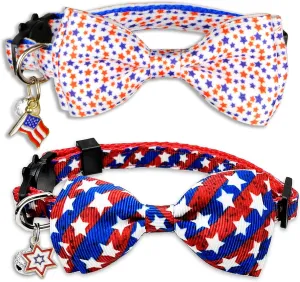 2 Pack 4th of July Cat Collar with Bow Tie Patriotic Adjustable Breakaway Safety Buckle Kitten Collars with Stars & Stripes Design and Charm Independence Day Cat Accessories for Boys & Girls