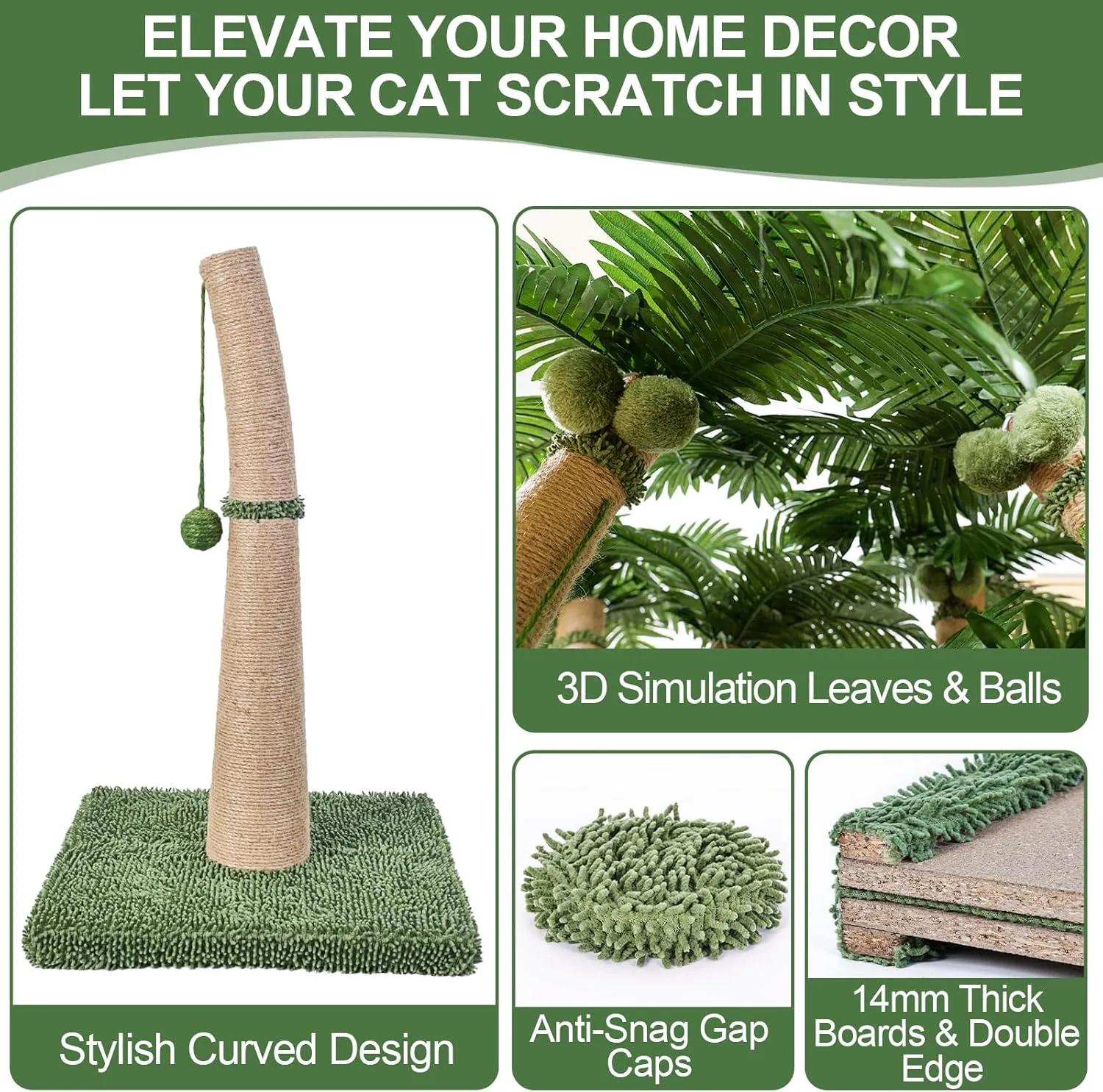 40'' Tall Cat Scratching Post, Curved Design Cat Scratcher Post with 3 Interactive Balls, Natural Sisal Rope Cat Scratching Posts for Indoor Cats Adults Kittens, Multi-Combinable (Style A)