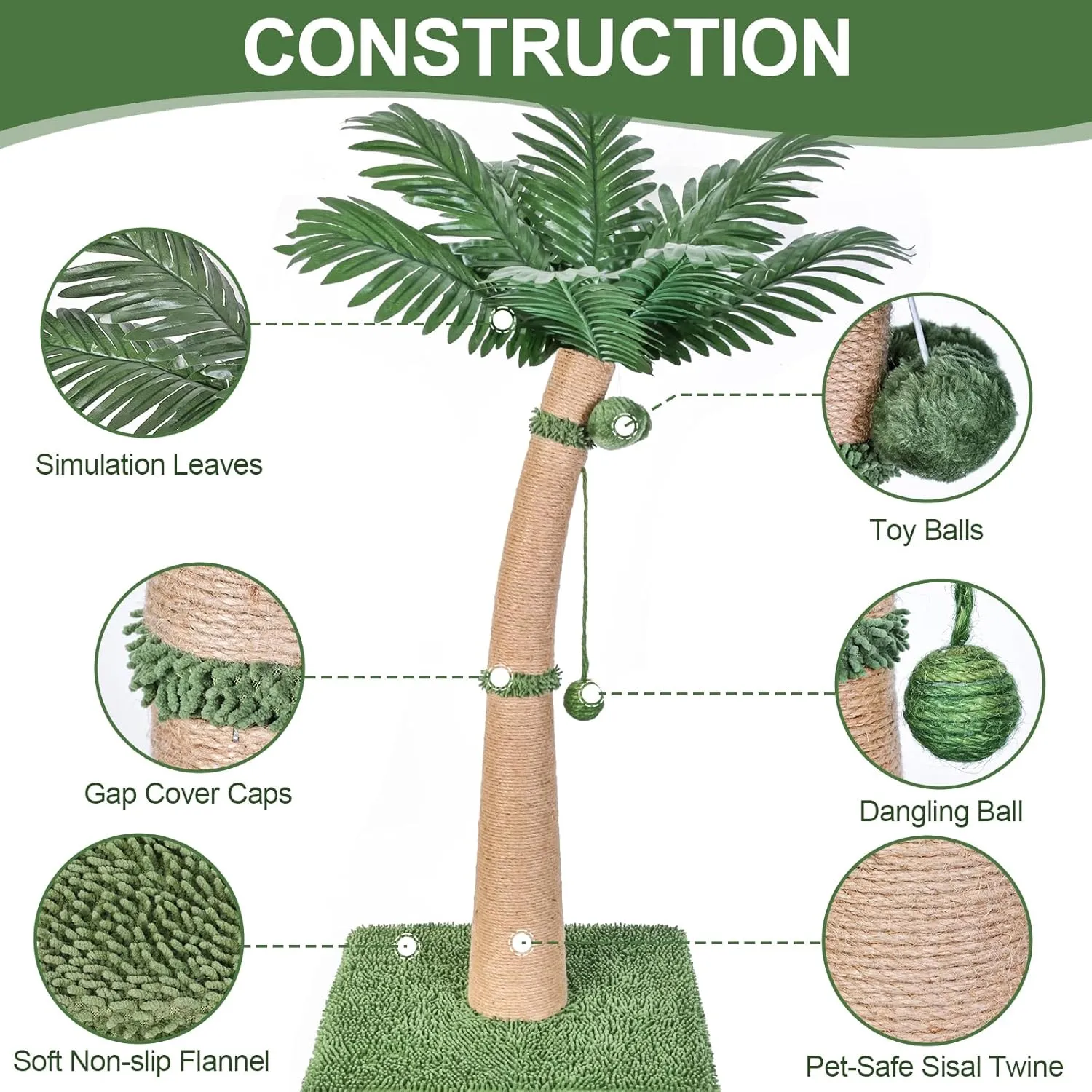 40'' Tall Cat Scratching Post, Curved Design Cat Scratcher Post with 3 Interactive Balls, Natural Sisal Rope Cat Scratching Posts for Indoor Cats Adults Kittens, Multi-Combinable (Style A)