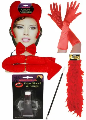 Adults Devil Set Headband Tail Bow Tie Gloves Boa Fangs Halloween Fancy Dress