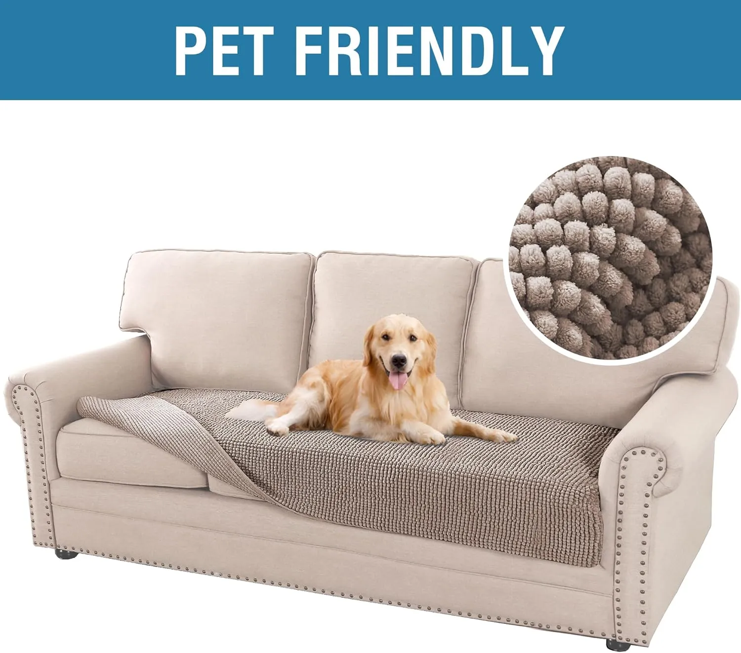 H.VERSAILTEX Plush Chenille Dog Bed Cover Thick Soft Sofa Cover for 3 Cushion Couch Anti Slip Couch Cover Furniture Protector for Dog, Pet, Cat (35" x 82", Cuban Sand)