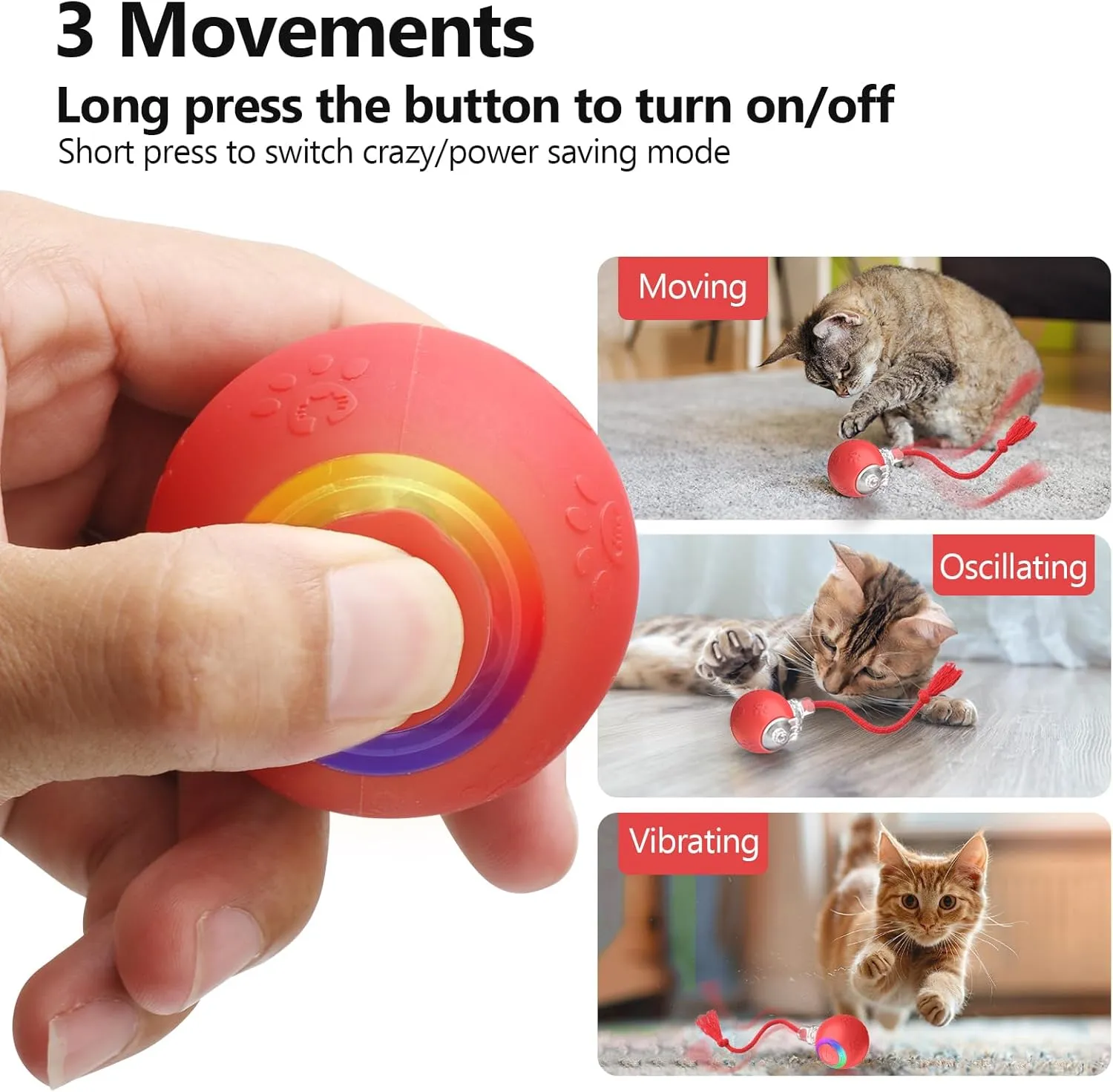 Interactive Cat Toys for Indoor Cats, USB Rechargeable, Fast Rolling Dog Ball Toy On Rug, Bird Chirping & Motion Activated Cat Ball, Anti-Depression Pet Toy Fun Gift with Light (Red)