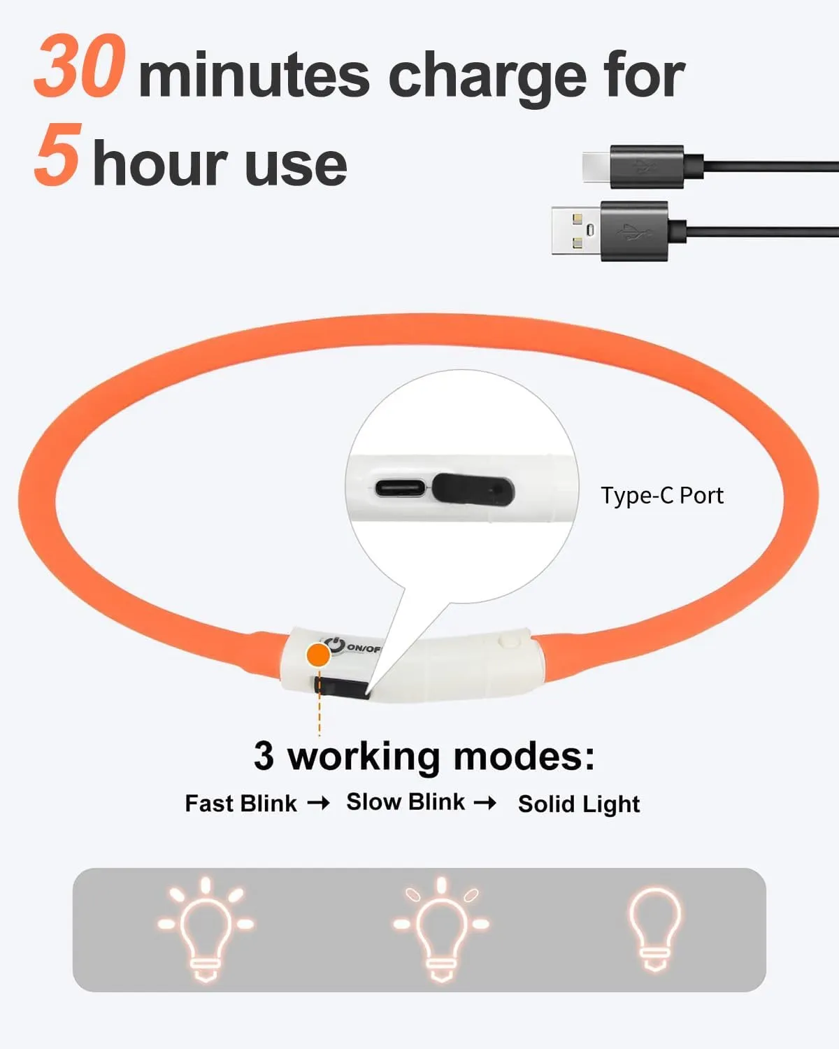 Joytale Light Up Dog Collar, Rechargeable Rainproof LED Collar for Night Walking Safety, Soft Silicone Glow in The Dark, Suitable for Small Medium Large Dogs, Orange