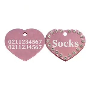 Name Front & 2 Numbers Back | Bling Aluminum Heart | Cat & Dog ID Pet Tag