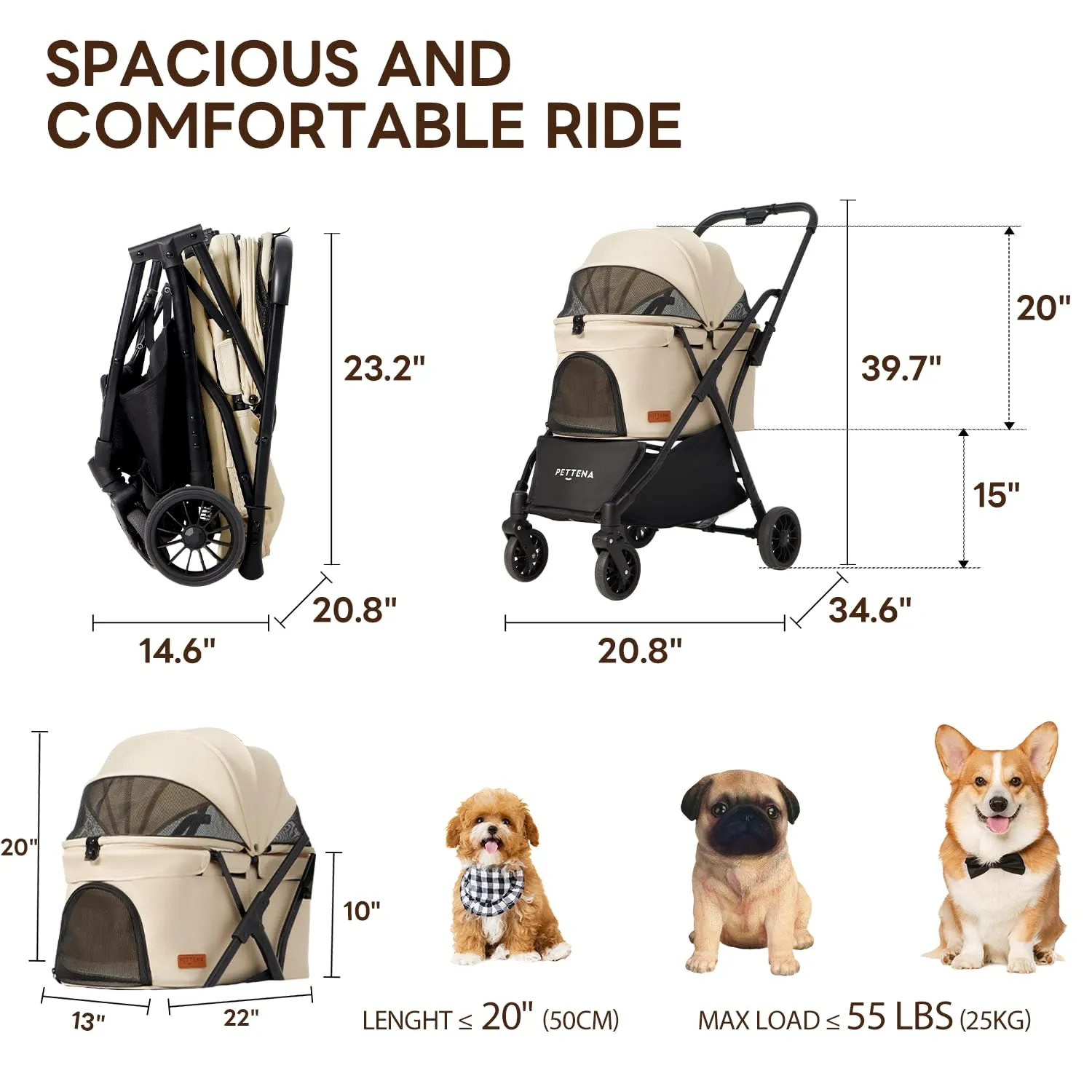 One-Pull Open Ver. PETTENA Dog Stroller for 2 Dogs, One-Touch Foldable Dog Stroller for Small/Medium Dogs Cats up to 55 Lbs, Khaki