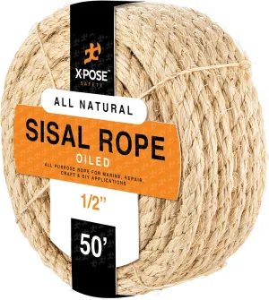 Sisal Rope - 1/2 Inch Thick Rope - 50 Ft Rope - Heavy Duty Durable Natural Fiber Rope - Crafts, Cat Scratching Post, Cat Tree Rope Replacement, Scratch Tower for Cats - Indoor/Outdoor Carpet