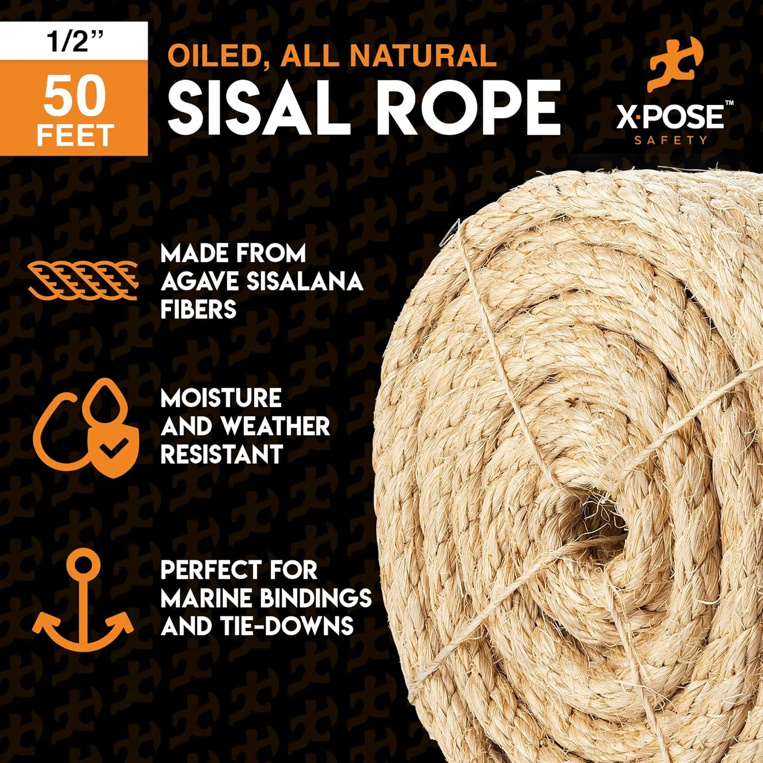 Sisal Rope - 1/2 Inch Thick Rope - 50 Ft Rope - Heavy Duty Durable Natural Fiber Rope - Crafts, Cat Scratching Post, Cat Tree Rope Replacement, Scratch Tower for Cats - Indoor/Outdoor Carpet